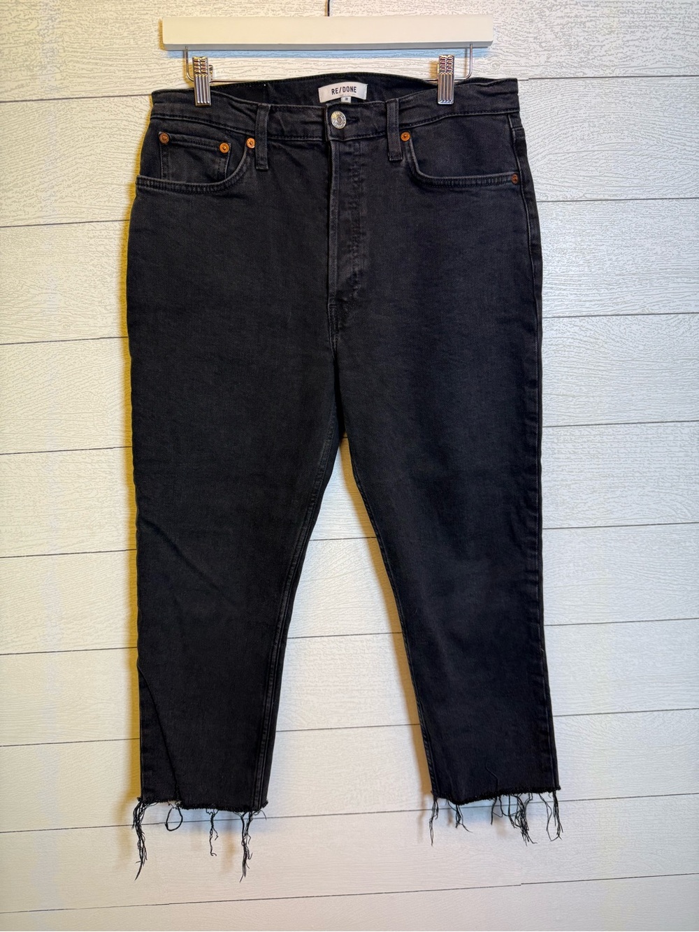 Re/Done Women’s Black Straight Leg Jeans Raw Hem Button Fly Size 30